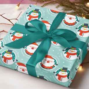 Papier Cadeau Joli Père Noël Bonhomme de Neige Aqua Motif de Noë