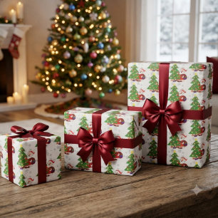 Papier Cadeau Joli Père Noël de dessin animé et enfants de l'arb