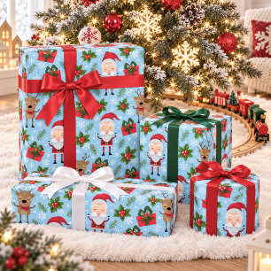 Papier Cadeau Joli Père Noël Renne Flocon de Neige Noël