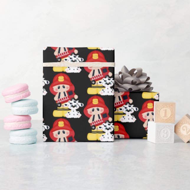 Papier Cadeau Joli petit pompier papier d'emballage carrelé (Baby Shower)