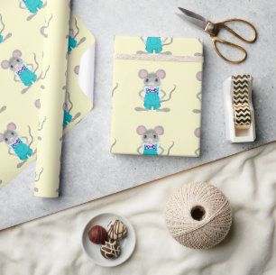 Papier Cadeau Joli petit souris peint à la main en salopette