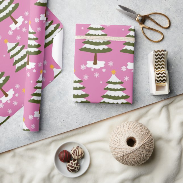 Papier Cadeau Joli Pink & SnowTrees Bois Noël (Artisanat)