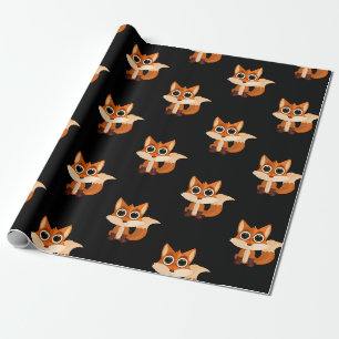 Papier Cadeau Joli renard assis sur fond noir   Adorable