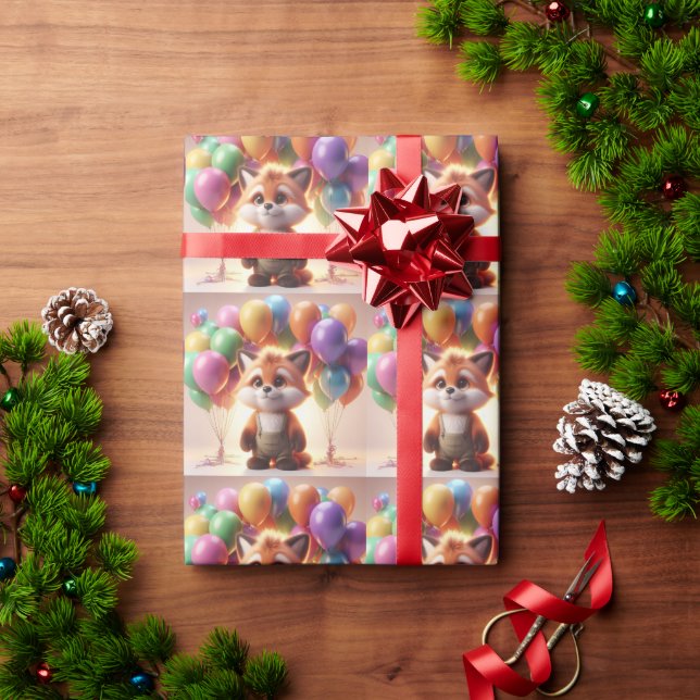 Papier Cadeau Joli renard entouré de ballons colorés. (Cadeau de vacances)