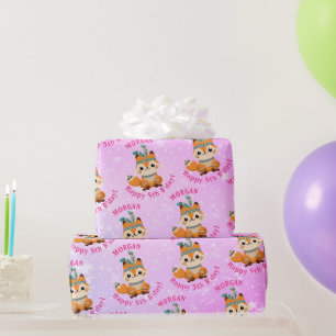 Papier Cadeau Joli renard indien, nom et anniversaire, rose pâle