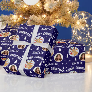 Papier Cadeau Joli Renne Bleu Nom Enfant Photo Noël