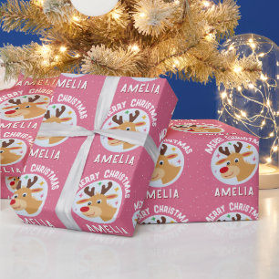 Papier Cadeau Joli Renne Rose Nom de l'Enfant Joyeux Noël