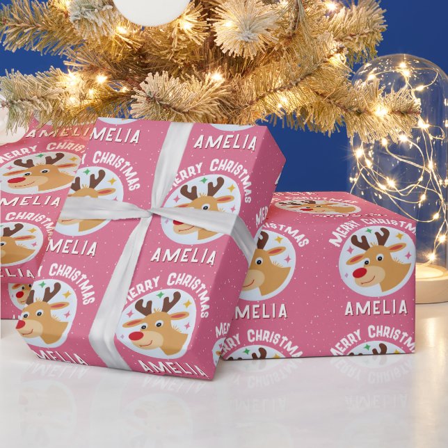 Papier Cadeau Joli Renne Rose Nom de l'Enfant Joyeux Noël (Vacances)