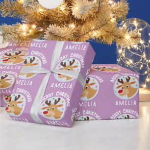 Papier Cadeau Joli Renne Violet Nom de l'enfant Joyeux Noël