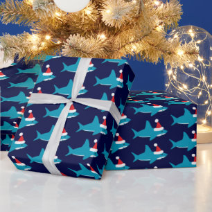 Papier Cadeau Joli requin Santa Chapeau Bleu Fête Noël