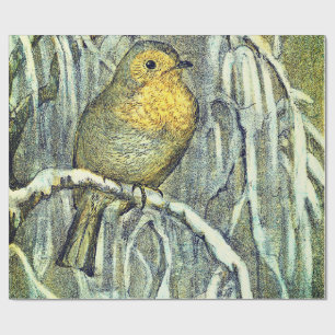 Papier Cadeau Joli Robin Vintage sur une branche enneigée