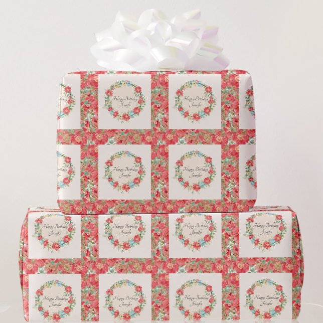 Papier Cadeau Joli rose Floral Joyeux Anniversaire Ajouter un no (Créateur téléchargé)