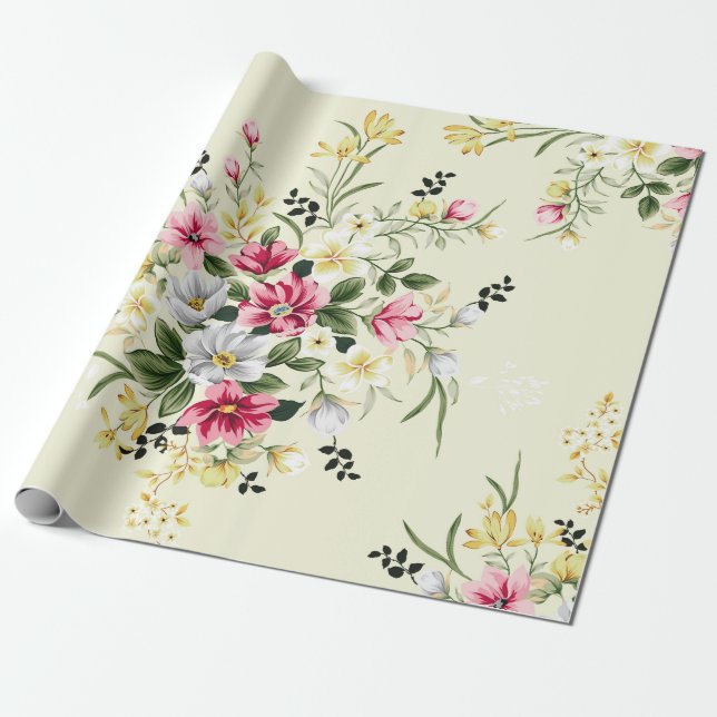 Papier Cadeau joli rose gris et jaune fleurs avec congé vert (Déroulé)