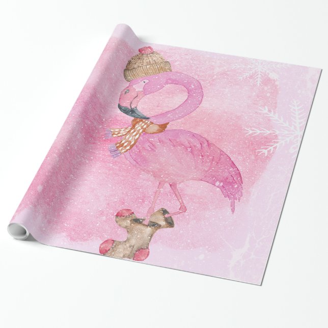 Papier Cadeau Joli rose Noël Flamant rose d'hiver Oiseau (Déroulé)