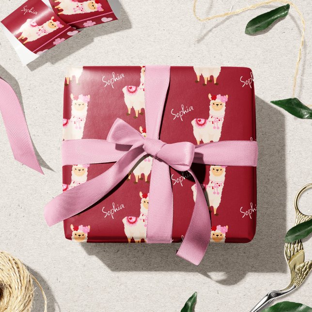 Papier Cadeau Joli rose Saint Valentin Llama Little Girl Name (Créateur téléchargé)
