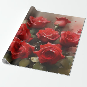 Papier Cadeau Joli roses rouge vif jardin aquarelle peinture