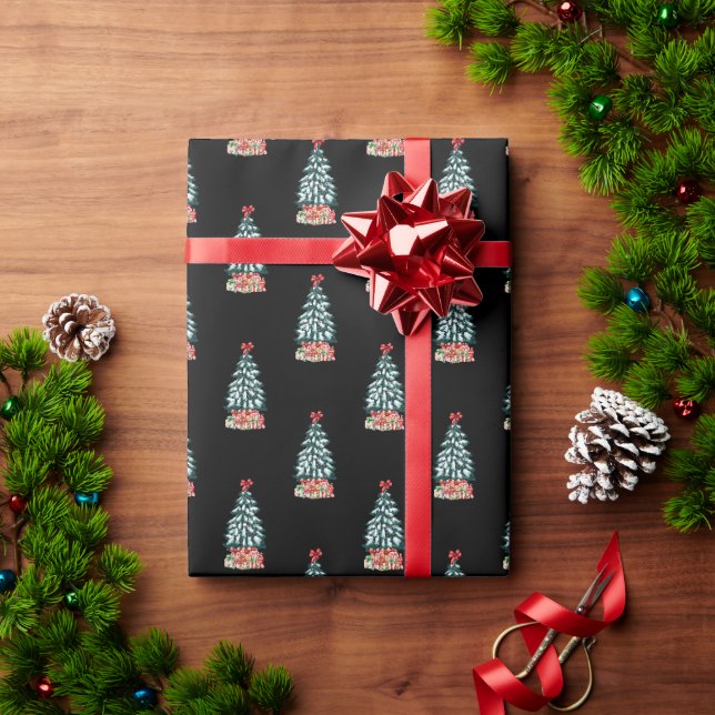 Papier Cadeau Joli sapin de Noël enneigé noir (Cadeau de vacances)