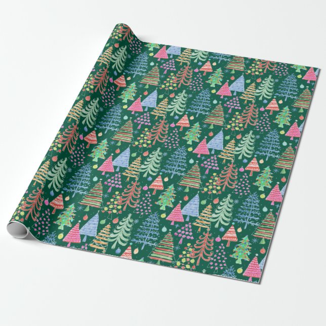Papier Cadeau Joli sapin de Noël Motif vert bleu rose rouge (Déroulé)