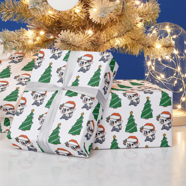 Papier Cadeau Joli sapin de Noël Panda Red Santa Chapeau (Vacances)