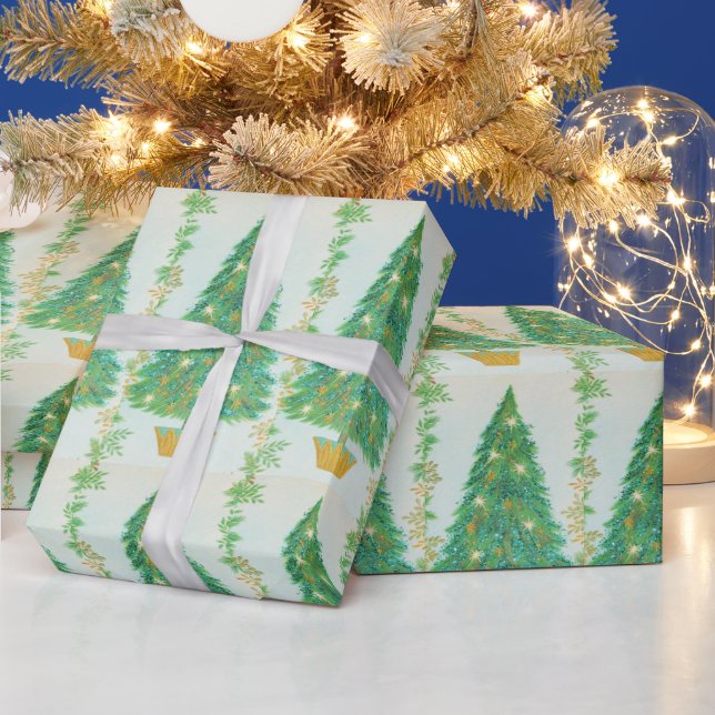 Papier Cadeau Joli sapin de Noël rétro or blanc étoiles (Vacances)