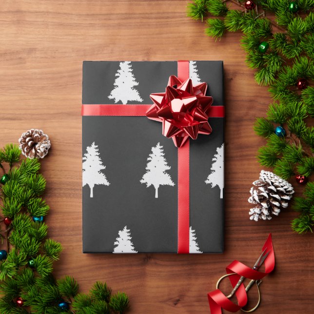 Papier Cadeau Joli sapin de Noël simple noir et blanc (Cadeau de vacances)