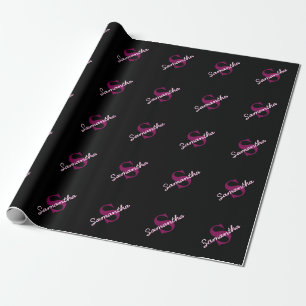 Papier Cadeau Joli script monogramme personnalisable rose et noi