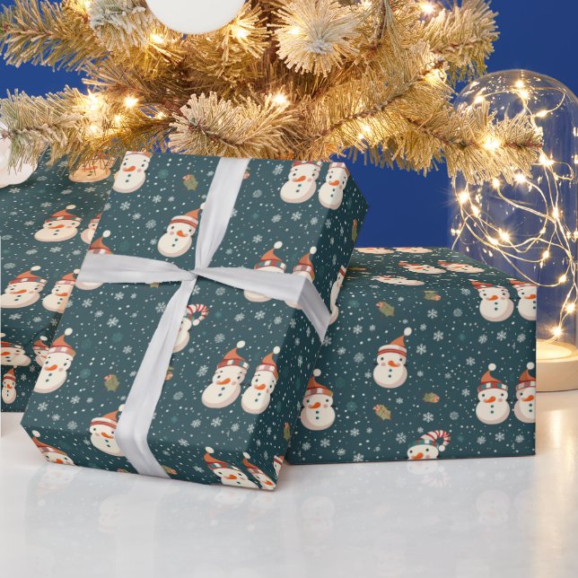 Papier Cadeau Joli Snowmen Snowflakes Green Christmas (Vacances)