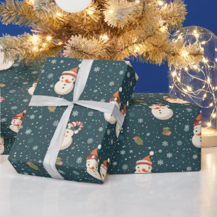 Papier Cadeau Joli Snowmen Snowflakes Green Christmas