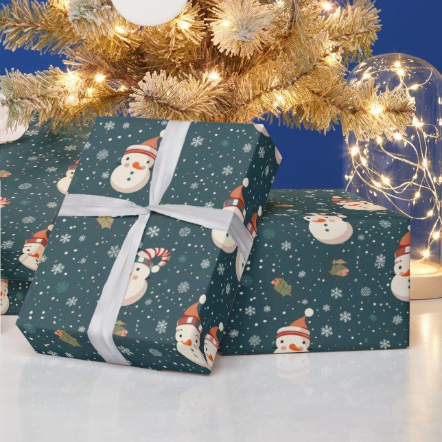 Papier Cadeau Joli Snowmen Snowflakes Green Christmas (Vacances)