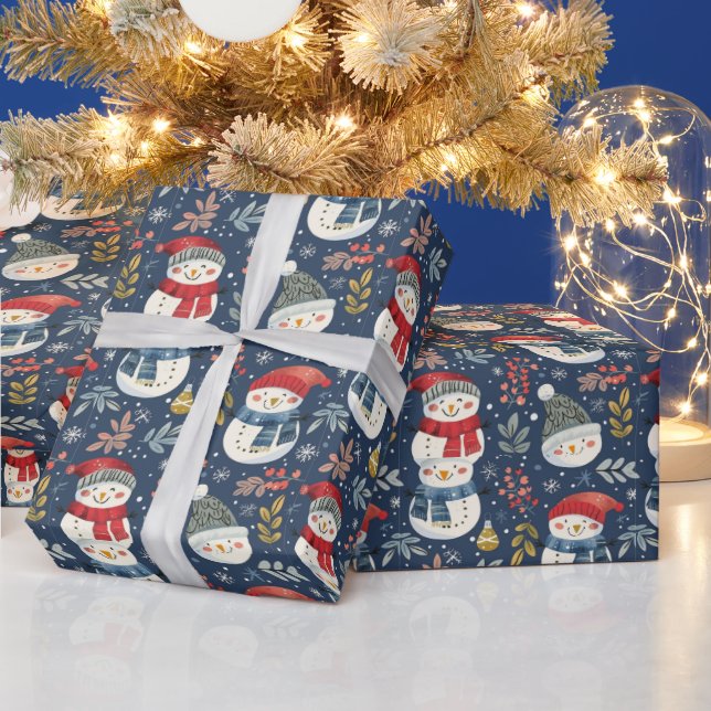 Papier Cadeau Joli Snowmen Vert Snowflakes Bleu Noël (Vacances)