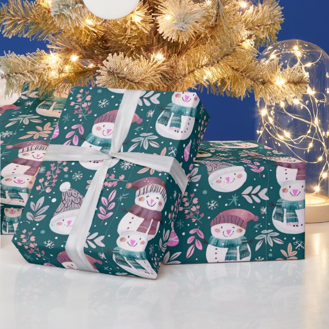 Papier Cadeau Joli Snowmen Vert Snowflakes Vert Noël (Vacances)