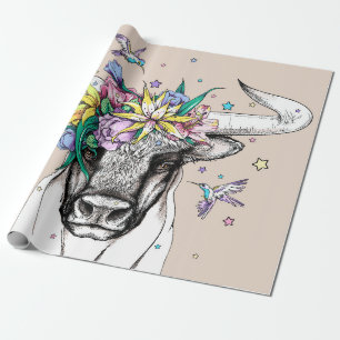 Papier Cadeau Joli taureau de dessin animé dans une couronne fle
