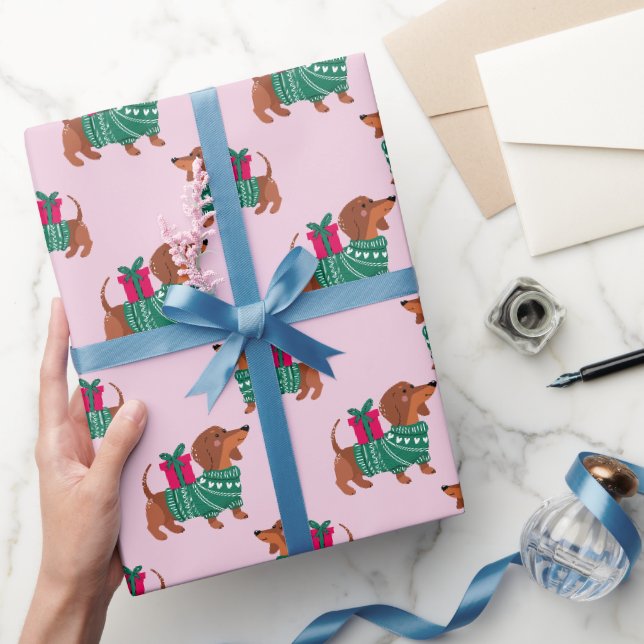 Papier Cadeau Joli teckel de Noël en pull vert rose  (Cadeaux)