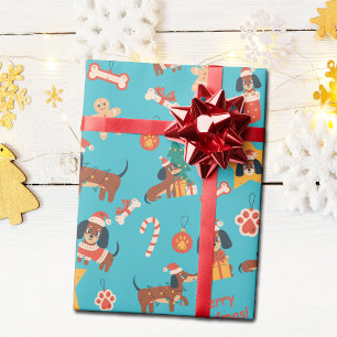 Papier Cadeau Joli teckel de Noël sarcelle Joyeux Woofmas