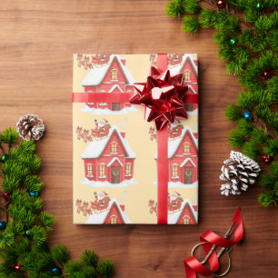 Papier Cadeau Joli traîneau du Père Noël et maison rouge
