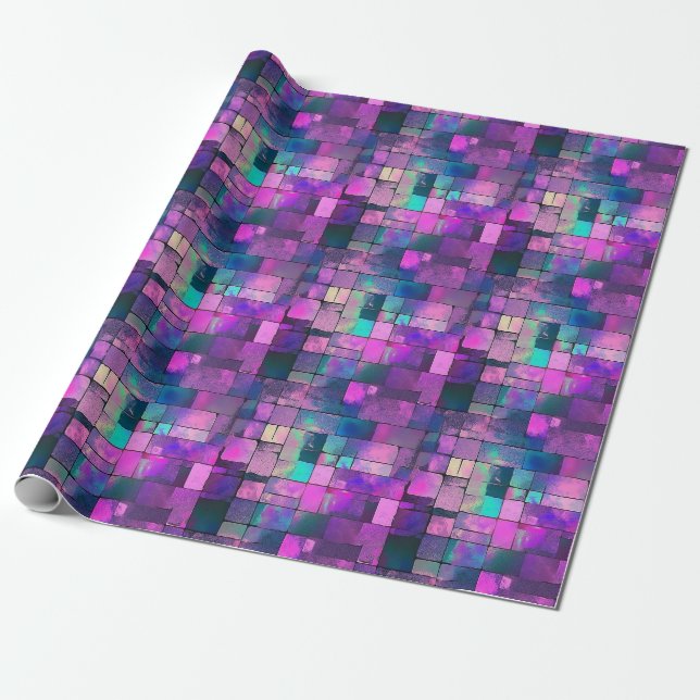 Papier Cadeau Joli violet bleu rose Carrés Rectangles Motif (Déroulé)