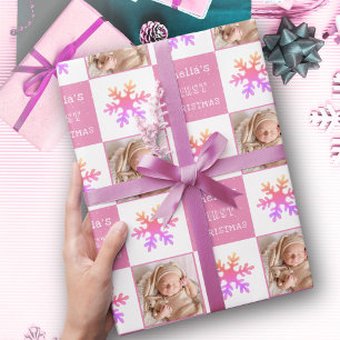 Papier Cadeau Jolie Bébé Rose premier Noël Flocon de Neige Photo