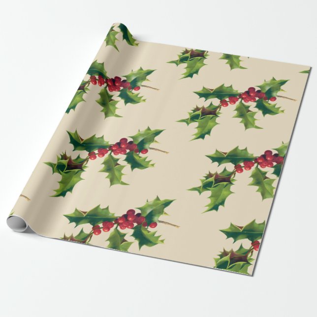 Papier Cadeau Jolie branche Holly Vintage (Déroulé)