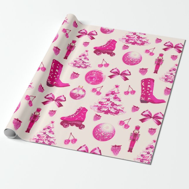 Papier Cadeau Jolie Coquette Girly Preppy Pink Noël (Déroulé)