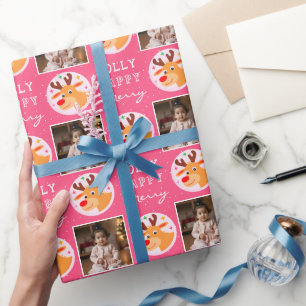 Papier Cadeau Jolie famille de rennes roses photo Noël
