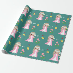 Papier Cadeau Jolie fée elfe et fleurs sur sarcelle