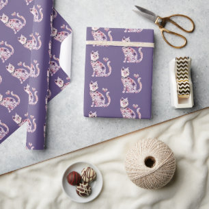 Papier Cadeau Jolie Fête de Chat aux Cœurs Violets Roses Fleurs 