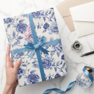 Papier Cadeau Jolie Fête de Mariage aux Fleurs Bleues