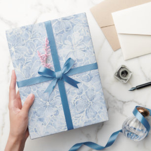 Papier Cadeau Jolie Fête de Mariage Fleurs Blanches Bleues