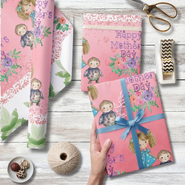 Papier Cadeau Jolie fête des mères Floral Kids Wrapping Papier (Pretty Mother's Day Floral Kids Wrapping Paper)