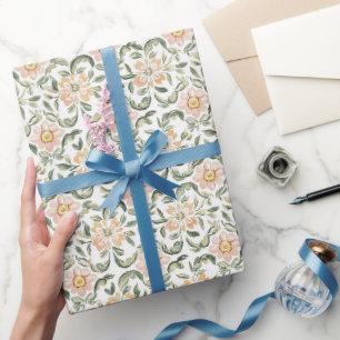 Papier Cadeau Jolie Fête Florale Feuilles Vertes Rose Tendre