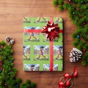 Papier Cadeau Jolie Fille de Dessin Animé Jouant au Football