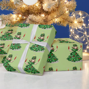 Papier Cadeau Jolie Fille en Sapin de Noël Rétro Vintage