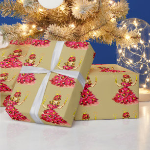 Papier Cadeau Jolie fille en sapin de Noël rétro vintage rose or