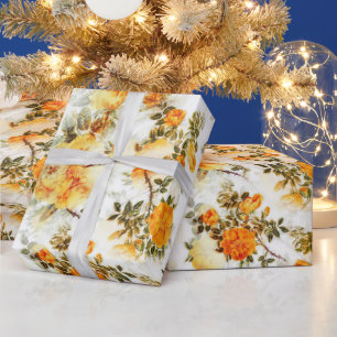 PAPIER CADEAU JOLIE FLEUR ORANGE ET JAUNE SUR EMBALLAGE BLANC  